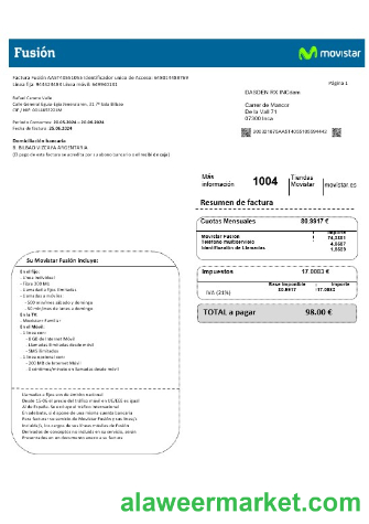 Spain Movistar Fusion telecom operator business utility bill document in Word and PDF formats